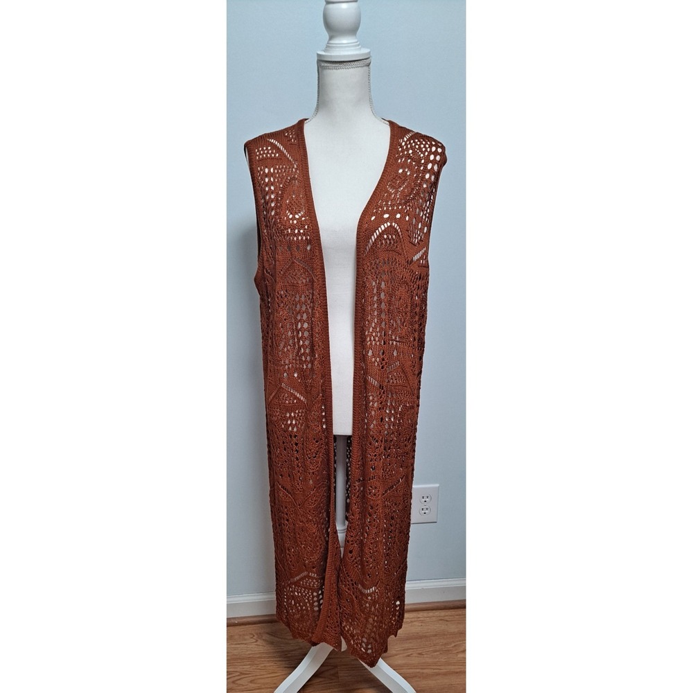 NWT Chelsea & Theodore  Crocheted Brown long  vest cardigan Size XL Retail $58